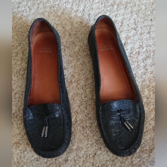 STUART WEITZMAN Black embossed napa leather loafer flats size 8.5 - Picture 2 of 14
